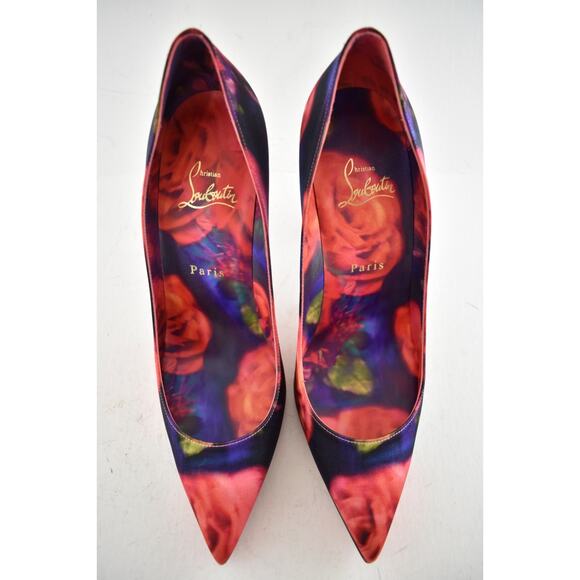 Christian Louboutin Kate 100 Crepe Satin Roses Red Blue Pointed Heel Pump 41 - Picture 10 of 15